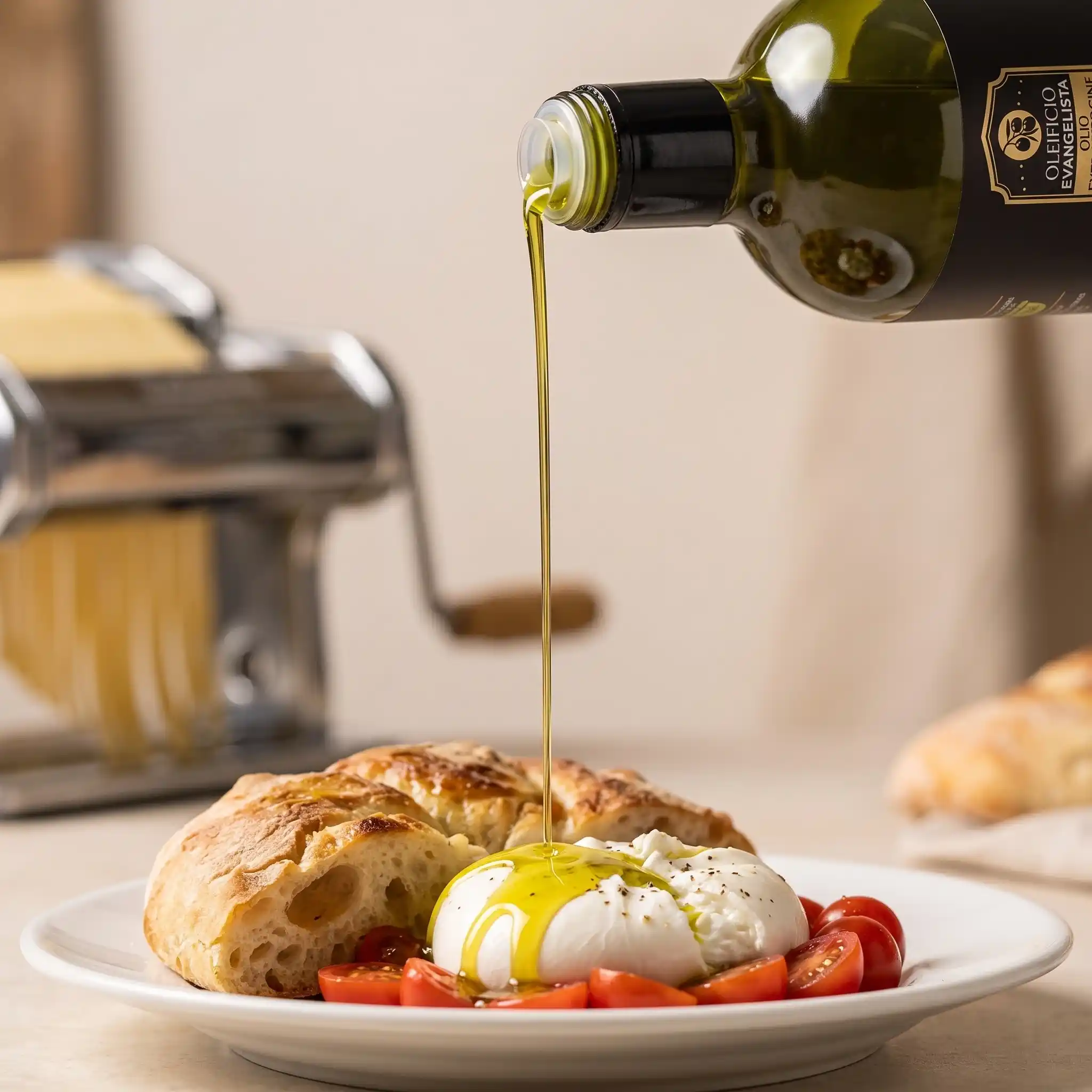 Olio Evangelista versato su burrata e pomodorini